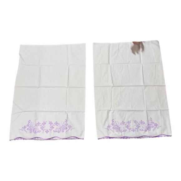 Vtg Embroidered Pillowcases Purple Butterfly Spring Floral Grandma Cottage Core - Picture 2 of 4